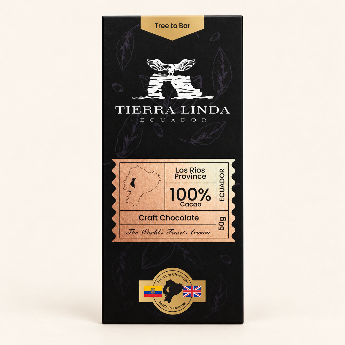 100% cacao Tierra Linda chocolate bar on warm ivory