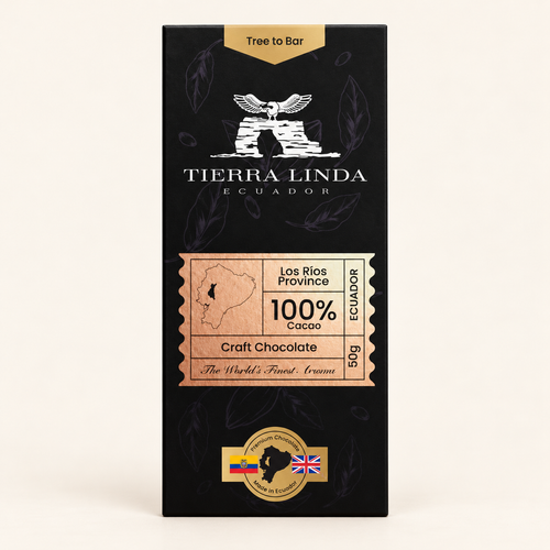 100% cacao Tierra Linda chocolate bar on warm ivory