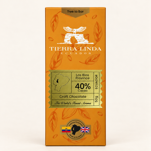40% cacao Tierra Linda chocolate bar on warm ivory
