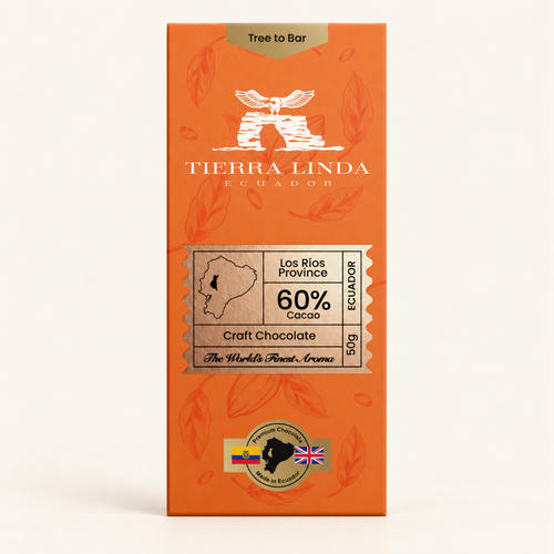 60% cacao Tierra Linda chocolate bar on warm ivory