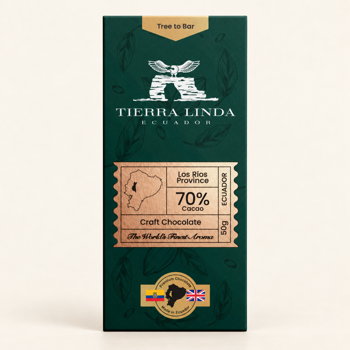70% cacao Tierra Linda chocolate bar on warm ivory