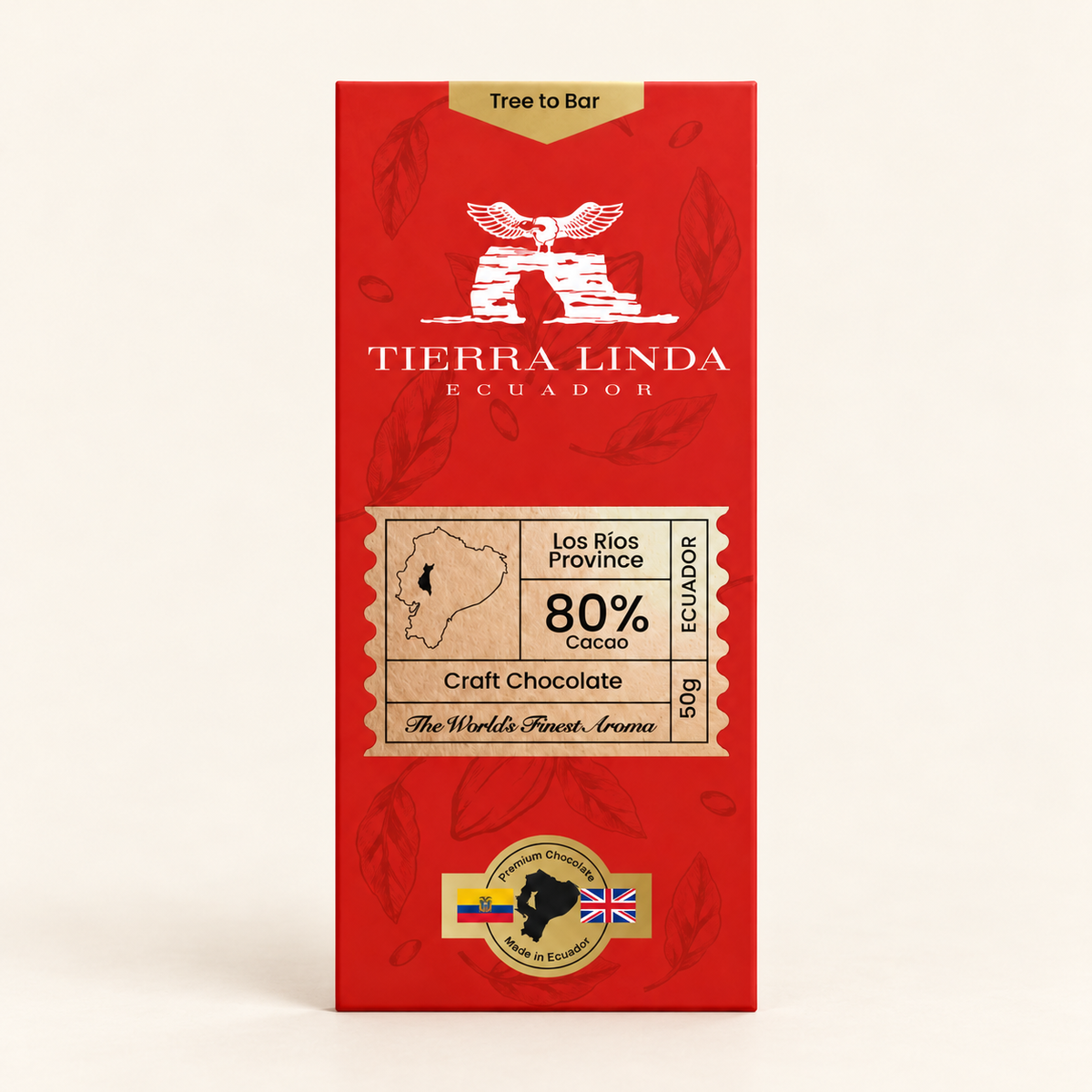 80% cacao Tierra Linda chocolate bar on warm ivory