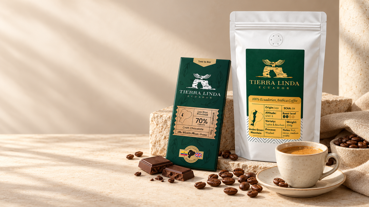 Tierra Linda Ecuadorian coffee and chocolate with espresso on warm ivory stone