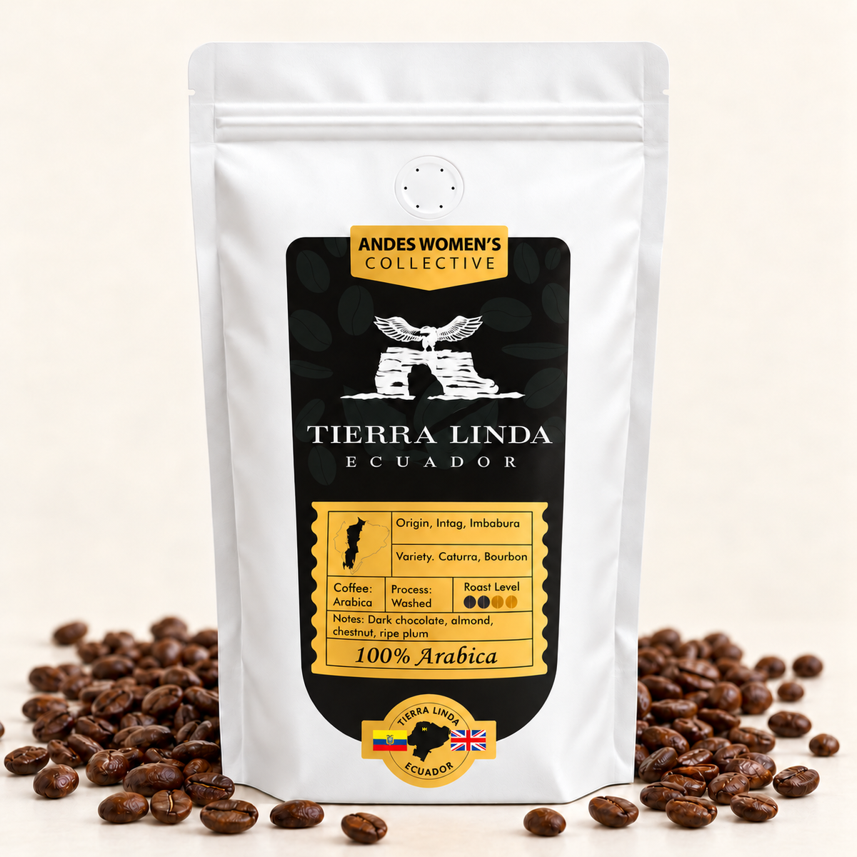 Andes Black Mountain white coffee bag with corrected label lettering and roasted beans