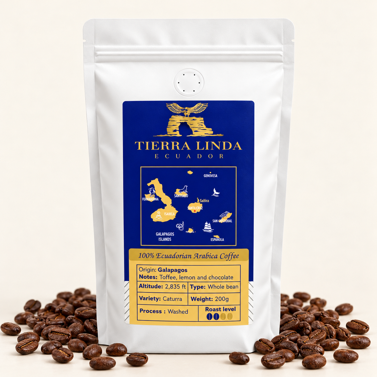 Galapagos Blue Island coffee beans in a uniform white valve bag with roasted beans